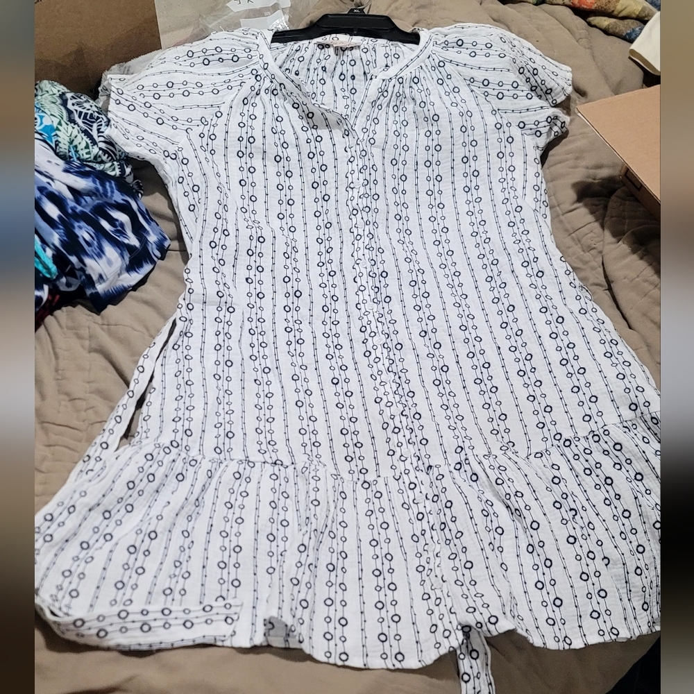 White Blouse with Navy Circles